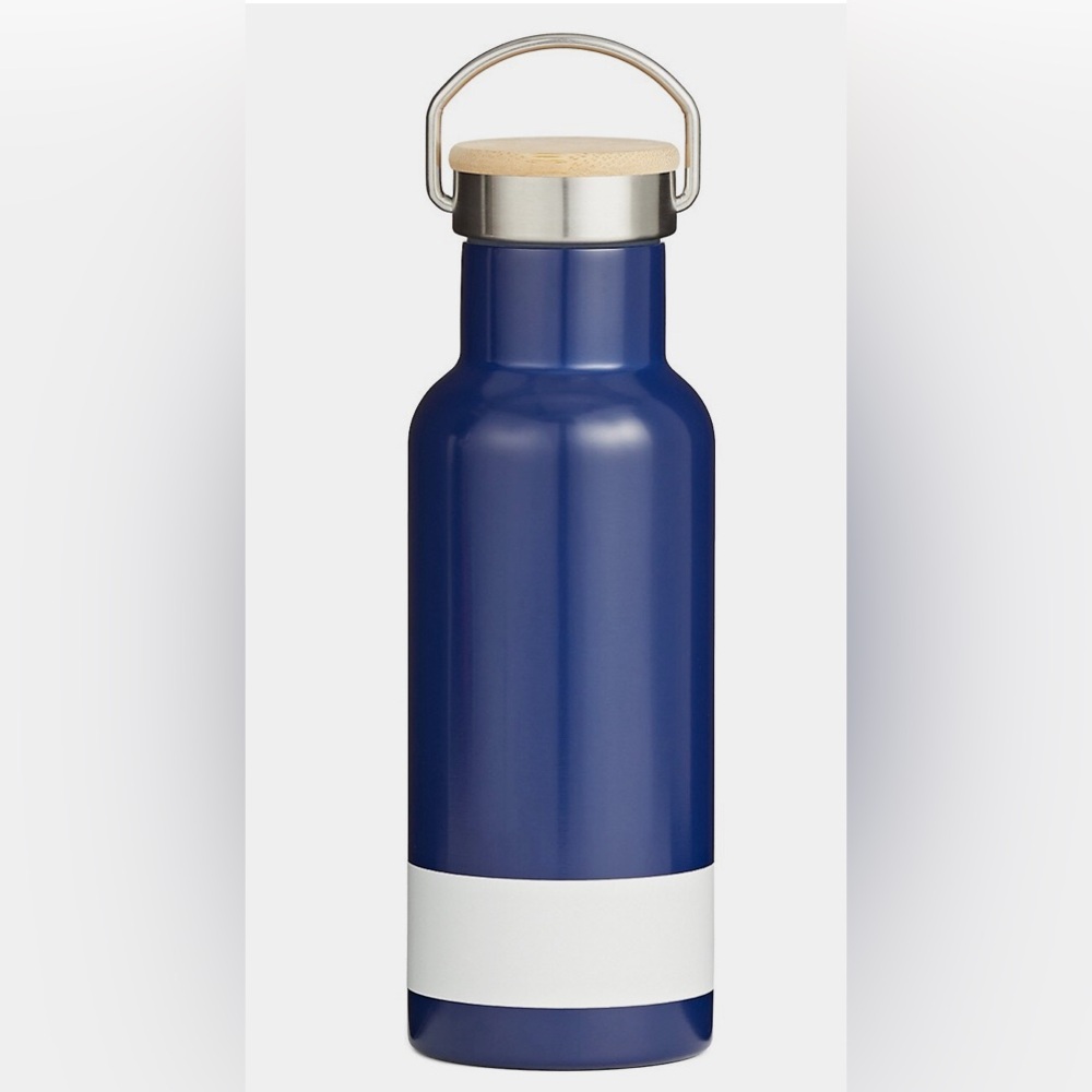 HBC stripes Blue travel mug. New with one bonus coaster.
